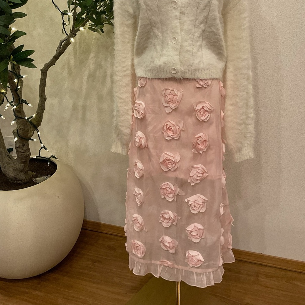 By Together Cream  Pink Rose Appliqué Skirt